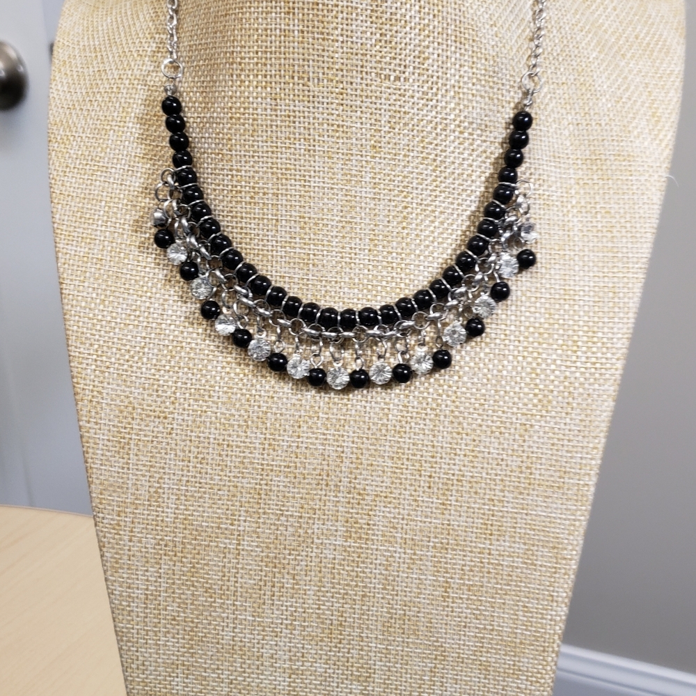Vintage silver, multi bead, rhinestone jeweled dangle charms statement necklace - Picture 4 of 9